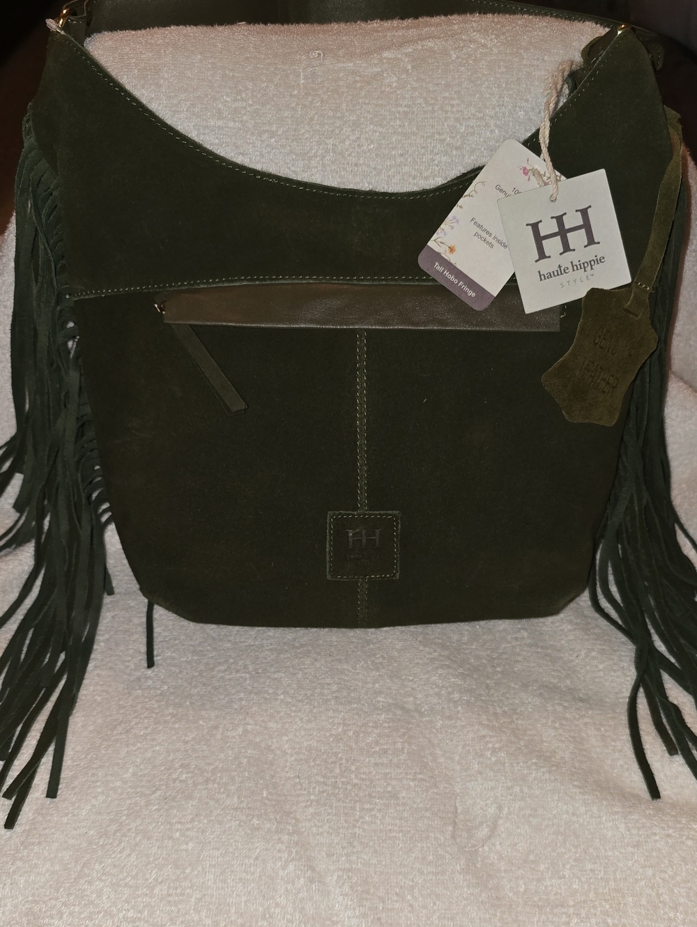 Haute Hippie Suede Fringe Hobo Shoulder Bag Olive Green NWT